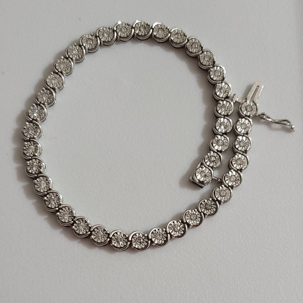 925 Sterling Silver Genuine Diamond Tennis Bracelet 7.7" Sparkly Estate Vintage